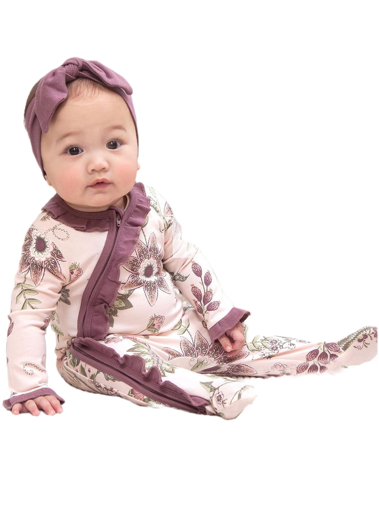 Newborn Baby Girl Fall Winter Clothes Floral Print Onesie Ruffle Zipper