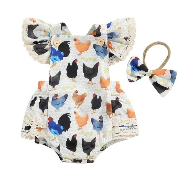 Newborn Baby Girl Farm Outfit Animal Chicken Print Romper Fly