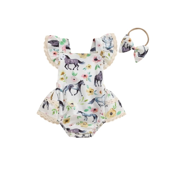 Newborn Baby Girl Farm Outfit Animal Horse Cow Print Romper Fly Sleeveless Bodysuit with Headband Set Infant Country Clothes