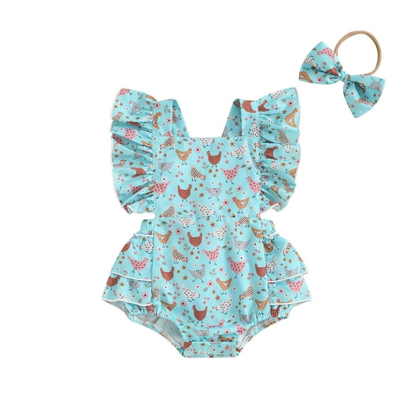 Newborn Baby Girl Farm Outfit Chicken Print Romper Ruffle Sleeve Jumpsuit Bodysuit with Headband Cute Summer Country Clothes