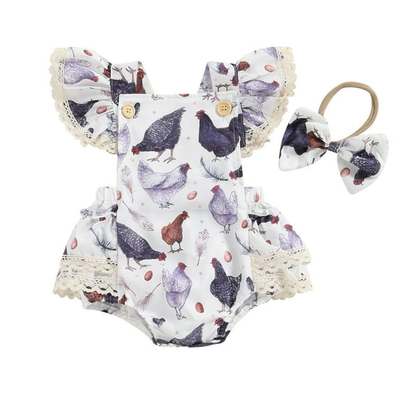 Newborn Baby Girl Farm Outfit Chicken Print Romper Ruffle Sleeve Jumpsuit Bodysuit with Headband Cute Summer Country Clothes