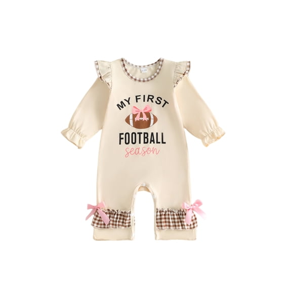 Newborn Baby Girl Football Outfit Football Letter Print Ruffled Long Sleeve Romper with Bows One Piece Jumpsuits Cute Infant Fall Clothes