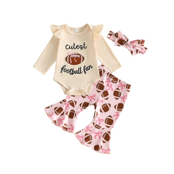 Newborn Baby Girl Football Outfit Long Ruffle Romper Cute Bow Flare Pants Headband Fall 3 Piece Set 3M 6M 12M 18M Game Day Clothes
