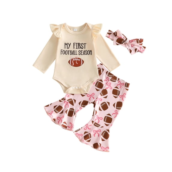 Newborn Baby Girl Football Outfit Long Ruffle Romper Cute Bow Flare Pants Headband Fall 3 Piece Set 3M 6M 12M 18M Game Day Clothes