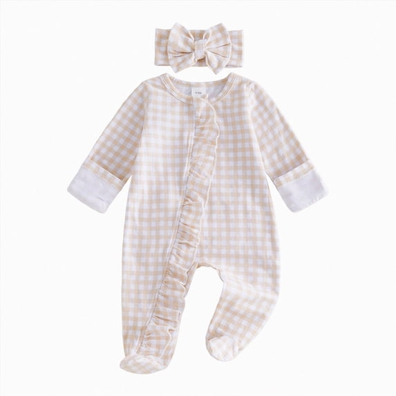 Newborn Baby Girl Going Home Outfit Print Footed Romper | Long Sleeve Zipper Jumpsuit, Infant Fall Winter Clothes, Mitten Cuffs, Ruffle, for 0-6M