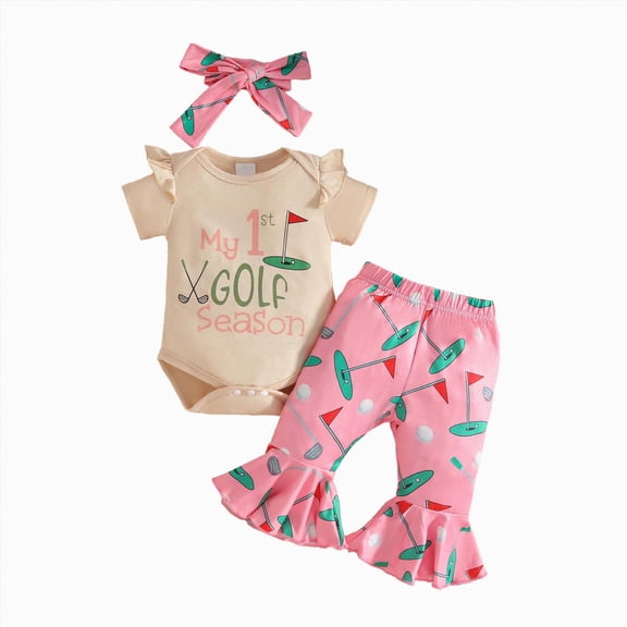 Newborn Baby Girl Golf Outfit Letters Short Sleeve Romper Golf Cart Bell Bottoms 3Pcs Set Infant Summer Clothes