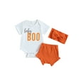 thumbnail image 1 of Newborn Baby Girl Halloween Outfit Baby Boo Short Sleeve Romper +Ribbed Ruffled Shorts +Headband Set Infant Fall Cute Clothes, 1 of 7