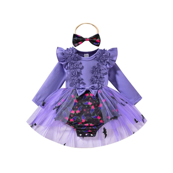 Newborn Baby Girl Halloween Outfit Bat Pumpkin Print Flower Long Sleeve Tulle Patchwork Romper Dress With Headband 1 3 6 9 12 18 Months Cute Fall Clothes