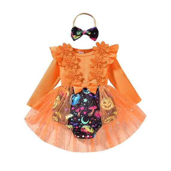Newborn Baby Girl Halloween Outfit Bat Pumpkin Print Flower Long Sleeve Tulle Patchwork Romper Dress With Headband 1 3 6 9 12 18 Months Cute Fall Clothes