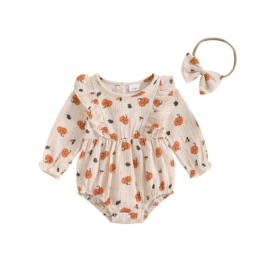 Newborn Baby Girl Halloween Outfit Cute Pumpkin Ruched Romper Ruffle Long Sleeve Smocked Bodysuit Infant Baby Fall Clothes