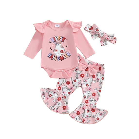 Newborn Baby Girl Halloween Outfits Long Sleeve Ghost Romper Tops Bell-Bottom Flare Pants Headband Infant Fall 3Pcs Clothes Set
