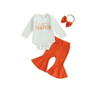 SXYPAYXS Newborn Baby Girl Halloween Outfits Short Sleeve Romper Tops Pumpkin Bell-Bottom Flare Pants Headband Infant Fall 3Pcs Clothes Set