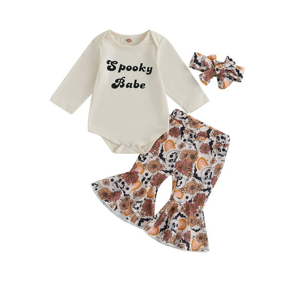 Newborn Baby Girl Halloween Outfits Long Sleeve Romper Tops Pumpkin Bell-Bottom Flare Pants Headband Infant Fall 3Pcs Clothes Set