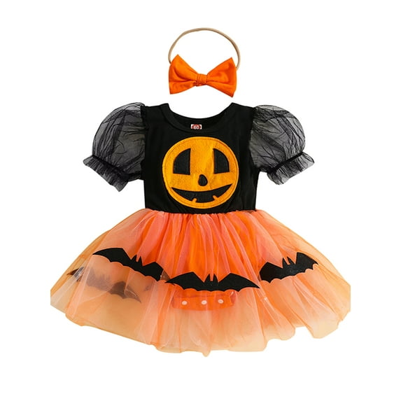 Newborn Baby Girl Halloween Outfits Pumpkin Romper Tutu Dress Puff Sleeve Tulle Skirt Bodysuit with Headband Cute Party Clothes