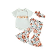 SXYPAYXS Newborn Baby Girl Halloween Outfits Long Sleeve Romper Tops Pumpkin Bell-Bottom Flare Pants Headband Infant Fall 3Pcs Clothes Set