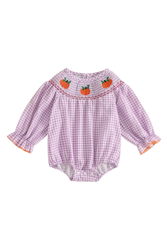 Newborn Baby Girl Halloween Smocked Pumpkin Outfit 3 6 12 18 Months 2T 3T Plaid Bubble Romper Embroidery Thanksgiving Fall Clothes
