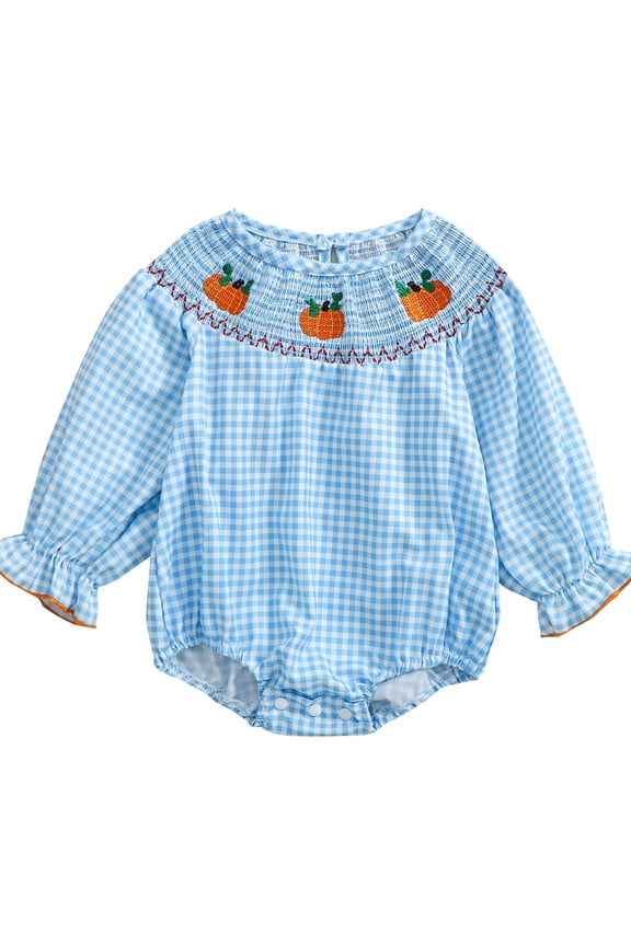 Newborn Baby Girl Halloween Smocked Pumpkin Outfit 3 6 12 18 Months 2T 3T Plaid Bubble Romper Embroidery Thanksgiving Fall Clothes