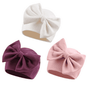 PESAAT Newborn Baby Girl Hat Cotton Preemie Baby Bow Beanie Spring Infant Hats for Girls 0-6 Months (Cream White+Skin Pink+Deep Purple,0-6 Months)