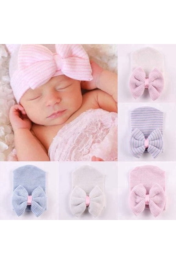 Newborn Baby Girl Infant Colorful Striped Bow Cap Hospital Warm Soft Beanie Hat