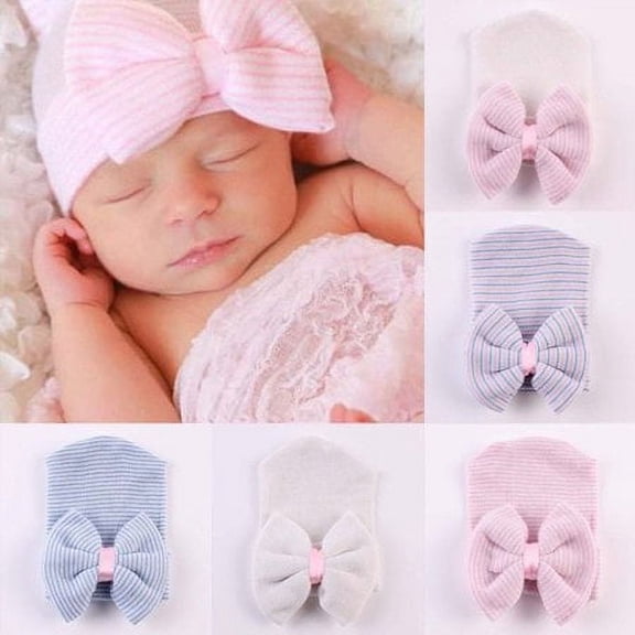 Newborn Baby Girl Infant Colorful Striped Bow Cap Hospital Warm Soft Beanie Hat