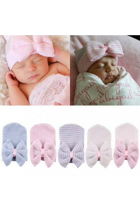 Newborn Baby Girl Infant Colorful Striped Bow Cap Hospital Warm Soft Beanie Hat