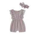 thumbnail image 1 of Newborn Baby Girl Lace Bodysuit Jumpsuit Fly Sleeve Rompers + Headband Outfit, 1 of 6