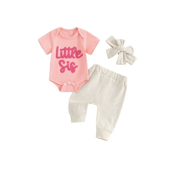 Newborn Baby Girl Little Sis Outfits Letter Short Sleeve T-shirt Romper Pants Set Headband Coming Home Hospital Clothes