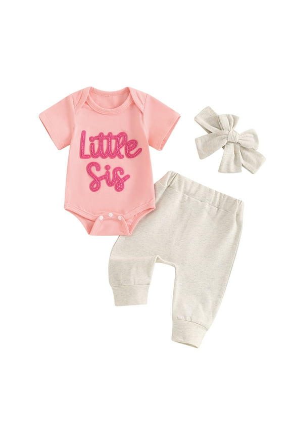 Newborn Baby Girl Little Sis Outfits Letter Short Sleeve T-shirt Romper Pants Set Headband Coming Home Hospital Clothes
