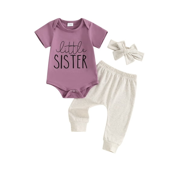 Newborn Baby Girl Little Sis Outfits Letter Short Sleeve T-shirt Romper Pants Set Headband Coming Home Hospital Clothes