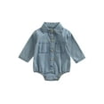 thumbnail image 1 of Newborn Baby Girl Long Sleeve Bodysuit Clothes Spring Fall Turn-Down Collar Button-Down Front Double Pockets Denim Jumpsuit, 1 of 9