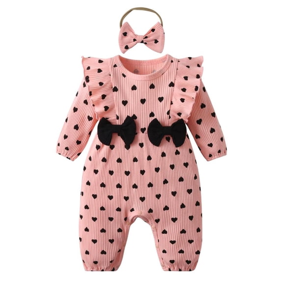 Newborn Baby Girl Long Sleeve Heart Shaped Ruffle Romper and Headband Outfit Set Pink 3-6 Months