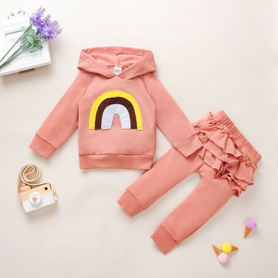 Newborn Baby Girl Long Sleeve Hooded Top Sweater Pullover Ruffle Pants Rainbow Outfits Set