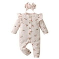 thumbnail image 1 of Newborn Baby Girl Long Sleeve Letter Ruffle Romper and Headband Outfit Set Beige 0-3 Months, 1 of 6