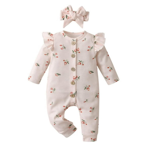 Newborn Baby Girl Long Sleeve Letter Ruffle Romper and Headband Outfit Set Beige 6-9 Months