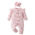 thumbnail image 1 of Newborn Baby Girl Long Sleeve Letter Ruffle Romper and Headband Outfit Set Pink, 1 of 6