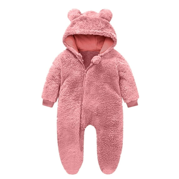 Newborn Baby Girl Long Sleeve Romper Jumpsuit Fleece Baby Winter Bodysuit Solid Color Snowsuit Fleece Lined Outfits Warm Hooded Zipper Romper Outerwear for Infant Jacket Pink 12 Months