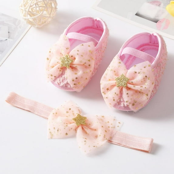 Newborn Baby Girl Net Yarn Bowknot Star Princess Shoes Toddler Soft Sole Walking Shoes Headband Set