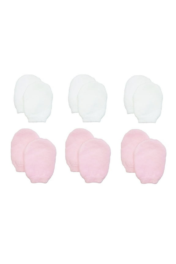 Newborn Baby Girl No Scratch Cotton Mittens (Includes 3 Pairs White & 3 Pairs Pink Mittens)
