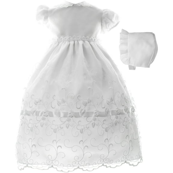 Newborn Baby Girl Organza Embroidered Christening Dress w Lace Trim Collar and Bonnett