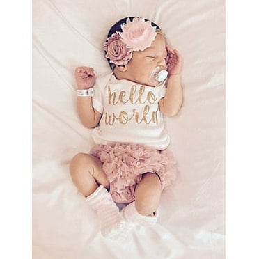 Newborn Baby Girl Outfits Clothes Hello World T-shirt Tops+Ruffle Tutu Shorts Bloomers 3PCS Sets