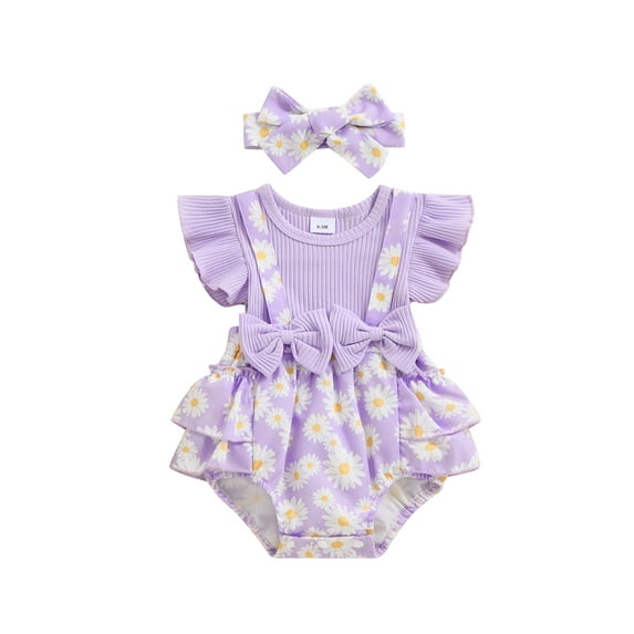 Newborn Baby Girl Outfits Daisy Floral Romper Dress Ruffle Suspender Dress Bodysuit with Headband Set Cute Summer Clothes