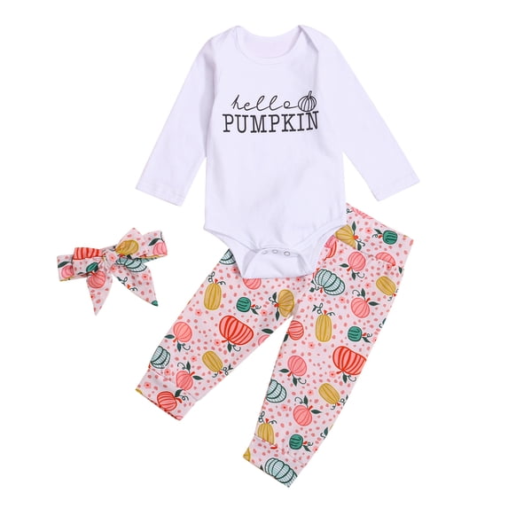 Newborn Baby Girl Outfits Halloween Pumpkin Printing Long Sleeve Romper Pants Bow Headband 3PCS