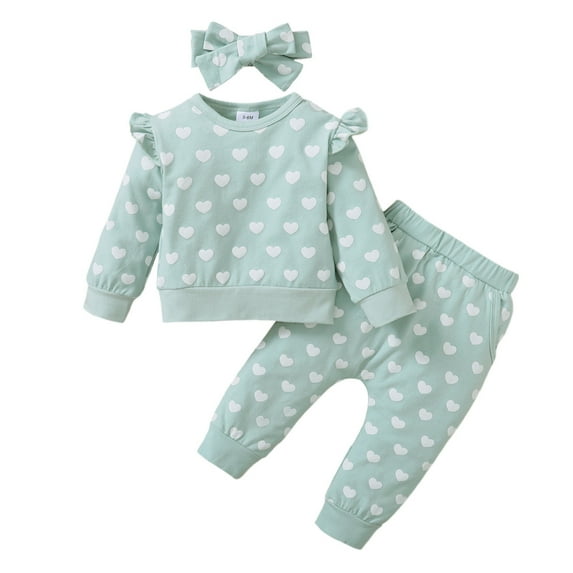 Newborn Baby Girl Outfits Set 3 Pieces Ruffle Long Sleeve Sweatshirts Tops Heart Print Pants Set + Headband Girl Clothes 6-9 Months