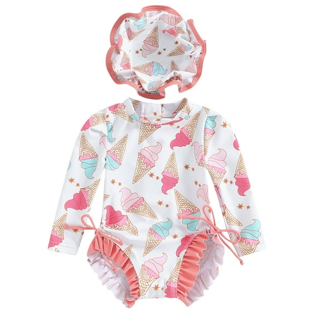 Newborn Baby Girl Rash Guard Swimsuit Long Sleeve Bathing Suit Infant Swimwear with Sun Hat 0 3 Months Walmart Business Supplies