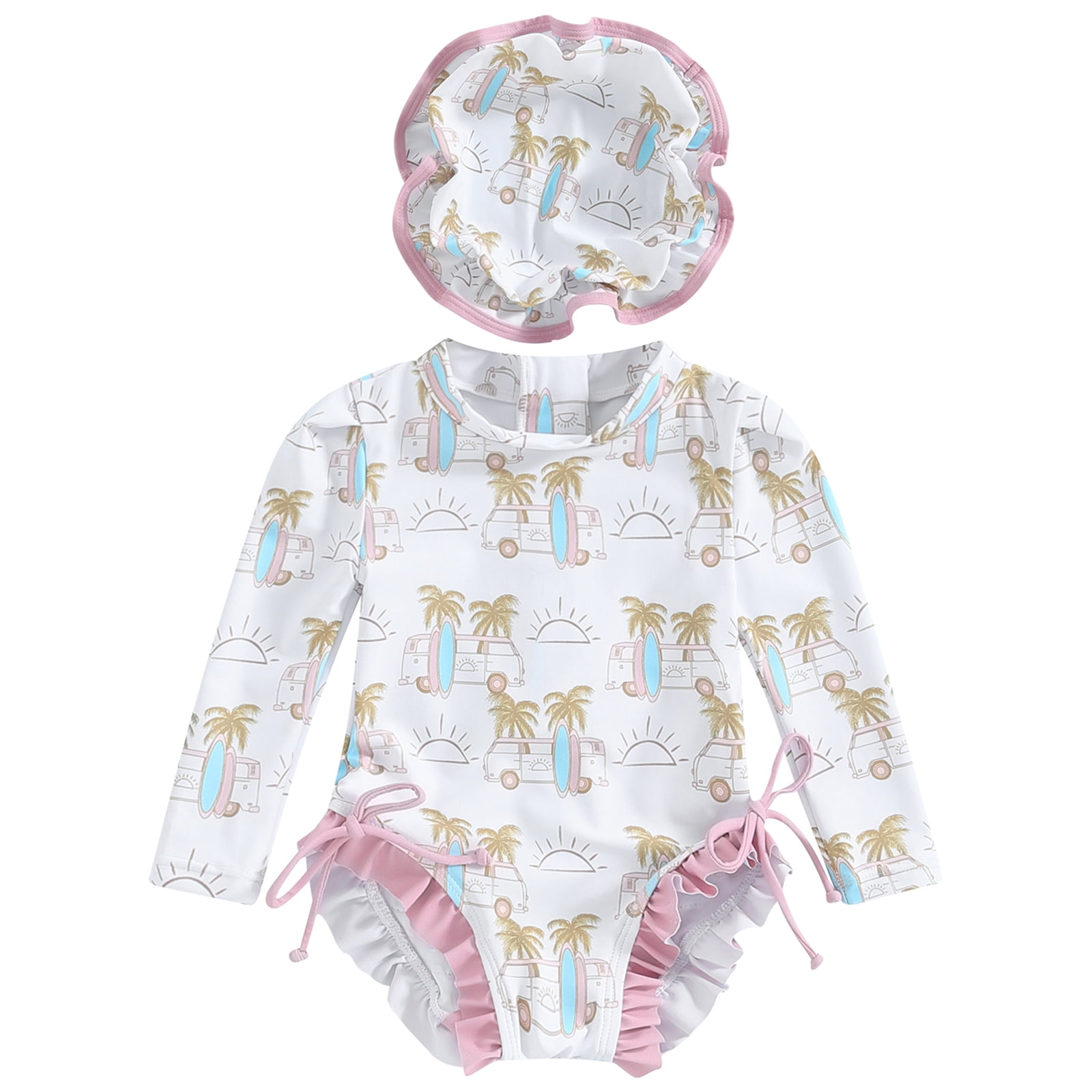 Newborn Baby Girl Rash Guard Swimsuit Long Sleeve Bathing Suit Infant Swimwear with Sun Hat