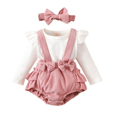 Newborn Baby Girl Ribbed Floral Suspender Dress with Headband 0 3 6 9 12 18 24 Months Fall Outfits