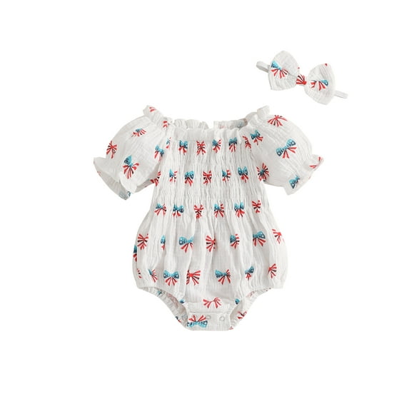 Newborn Baby Girl Romper Outfit, 3 6 12 18 Months Short Sleeve Pleated Bow Print Bodysuit with Bowknot Headband 4th of July Clothing