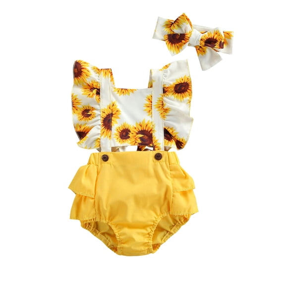 Newborn Baby Girl Ruffle Sunflower Print Romper Sunsuit Sleeveless Jumpsuit Headband Outfits Clothes 0-24M