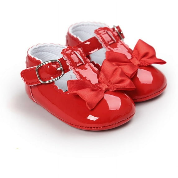 Newborn Baby Girl Soft Crib Shoes Infants Anti-slip Sneaker Prewalker Kids PU Leather Bow Buckle First Walkers Soft Soles Non-slip Footwear Crib Shoes,Red, 12-18M