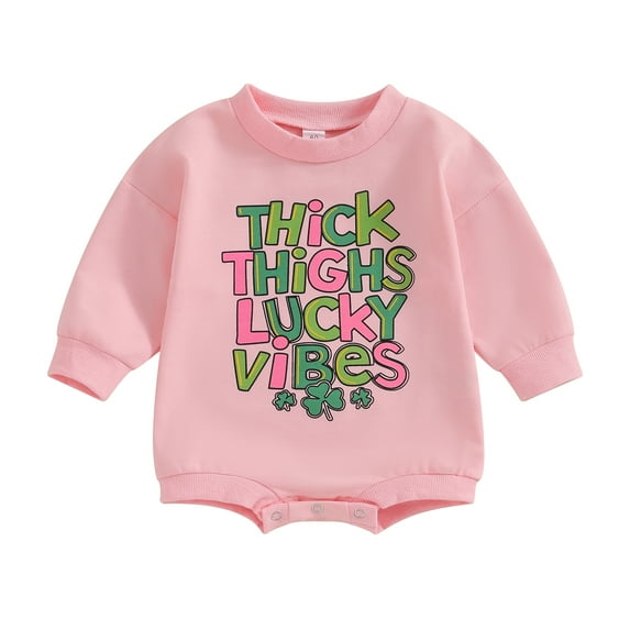 Newborn Baby Girl St. Patrick's Day Outfit Lucky Clover Print Sweatshirt Romper Oversized Long Sleeve Bodysuit Tops
